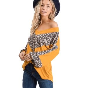 NEW Mustard & Leopard Wide Neck Dolman Cut Top & FREE Leopard Teardrop Earrings